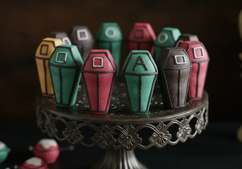 Final result of Squid Game Coffin Coffin Cake Pops, an artistic and colorful display of delicious cake pops shaped like coffins.