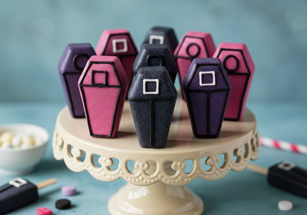 Final result of Squid Game Coffin Coffin Cake Pops, an artistic and colorful display of delicious cake pops shaped like coffins.