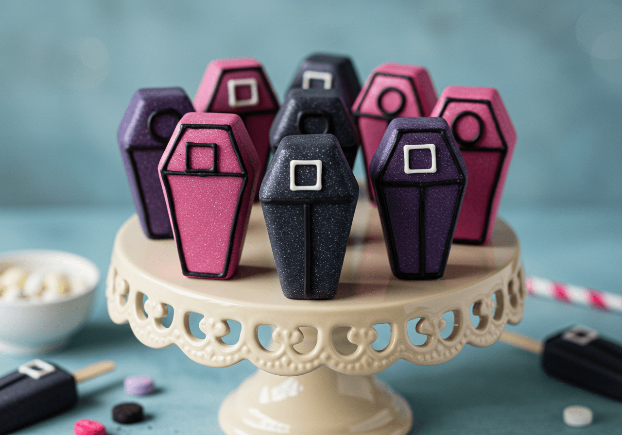 Final result of Squid Game Coffin Coffin Cake Pops, an artistic and colorful display of delicious cake pops shaped like coffins.