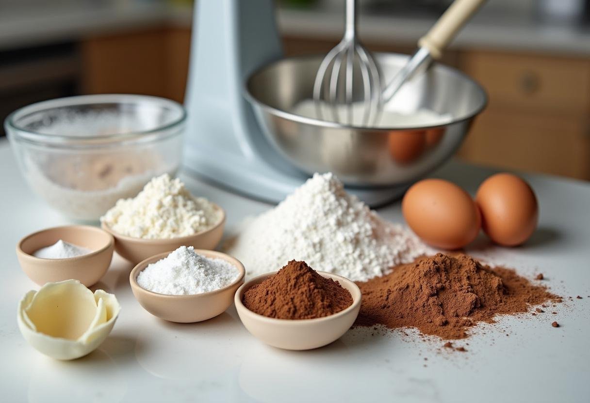 Squid Game Coffin Coffin Cake Pops ingredients neatly arranged on a kitchen counter, including flour, sugar, and cocoa powder for delicious cake pops.