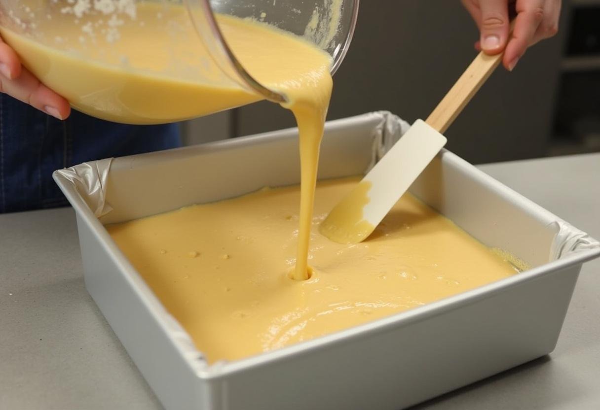 Preparing the cake batter for Squid Game Coffin Coffin Cake Pops, pouring and smoothing the mixture in a baking pan ready for the oven.