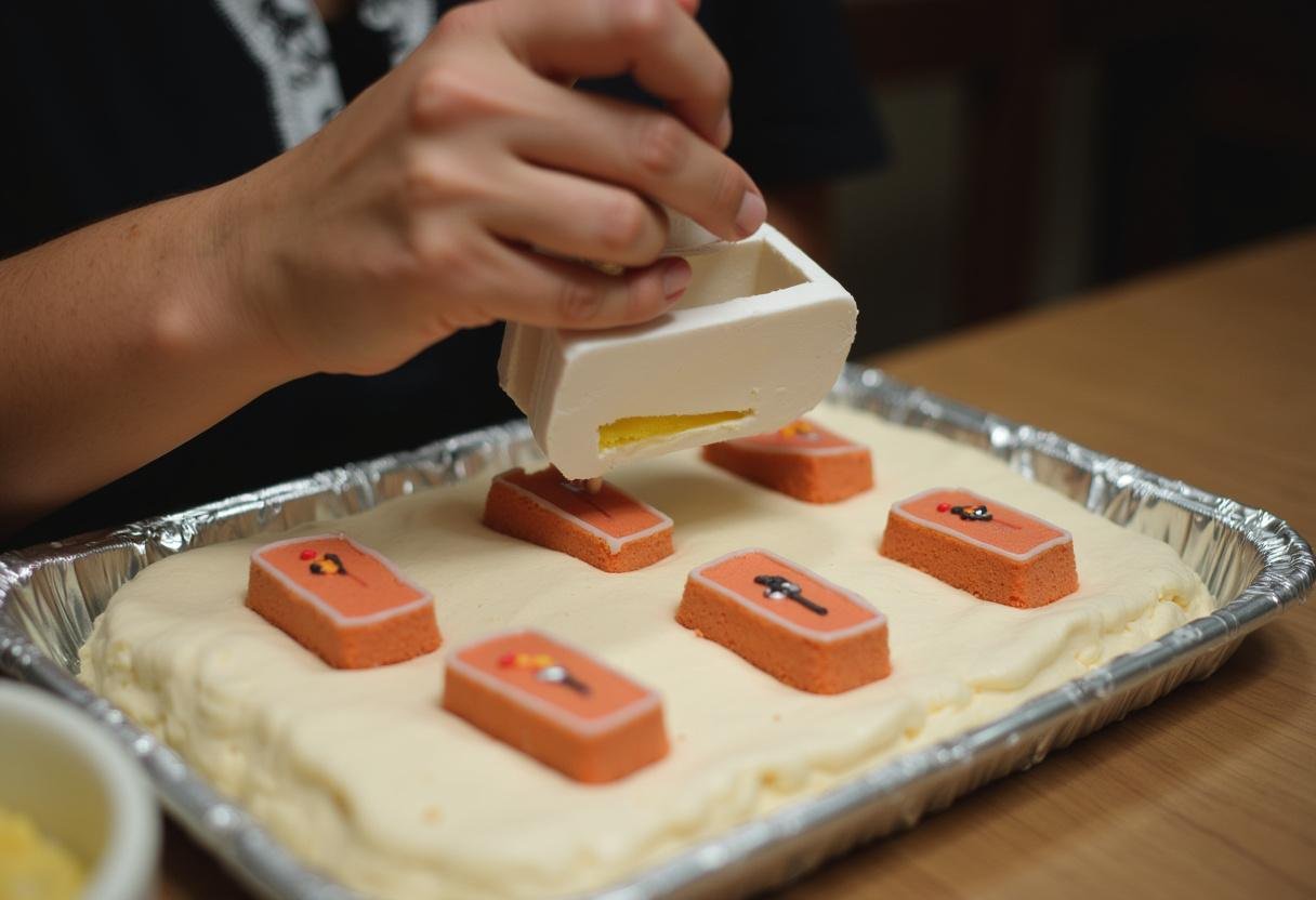 Cutting the baked cake into coffin shapes using a cookie cutter for the Squid Game Coffin Coffin Cake Pops, showcasing creativity in dessert making.