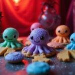 Completed Squid Game Dalgona Candy Cookies displayed on a beautifully set table, emphasizing the details and glossy appearance.