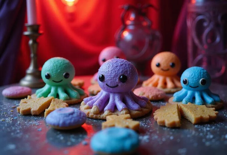 Completed Squid Game Dalgona Candy Cookies displayed on a beautifully set table, emphasizing the details and glossy appearance.