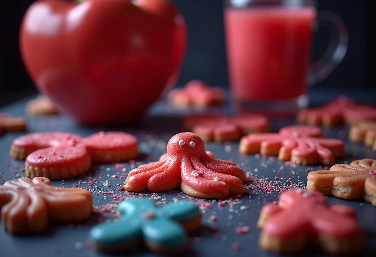 Completed Squid Game Dalgona Candy Cookies displayed on a beautifully set table, emphasizing the details and glossy appearance.