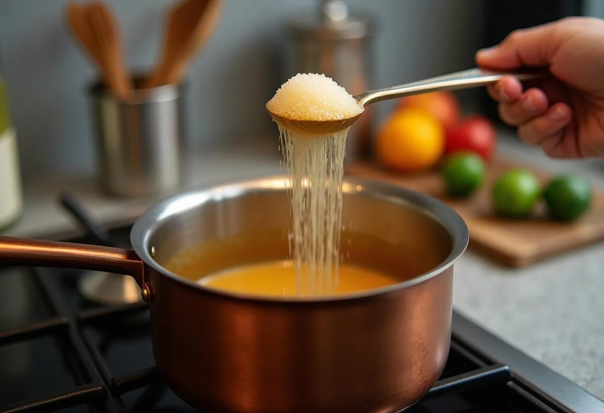 Making Squid Game Dalgona Candy Cookies with sugar melting in a pot, capturing the caramelization process.