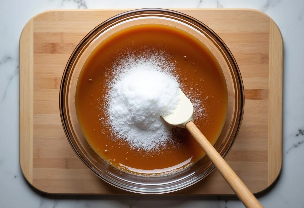 Mixing baking soda into caramel for Squid Game Dalgona Candy Cookies, showing the frothy reaction from the baking soda.