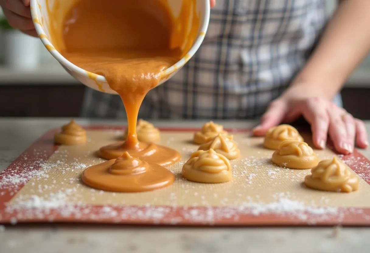 Shaping the whipped caramel into Squid Game Dalgona Candy Cookies using a mold, highlighting the process on a silpat mat.