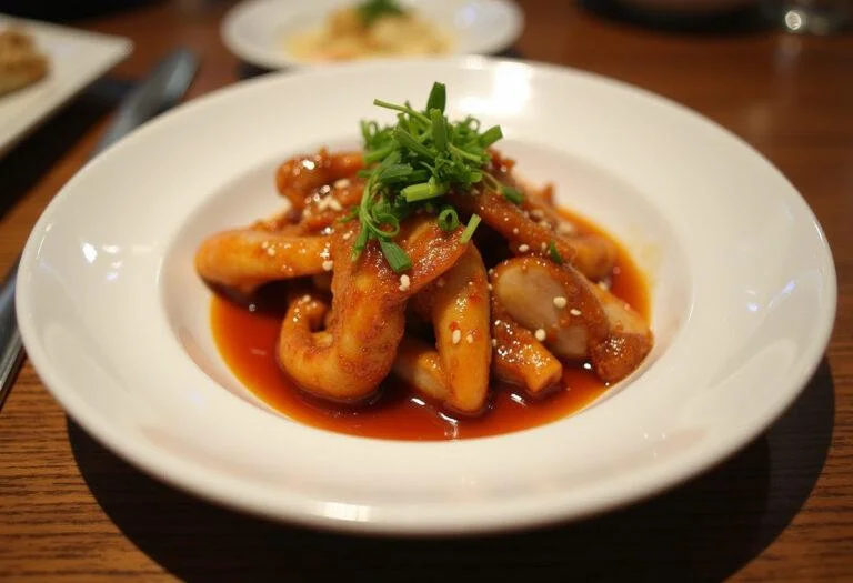 Final presentation of Squid Game Gganbu Gang-jeong Sweet Spicy Chicken, garnished with green onions and sesame seeds, served on a rustic wooden table.