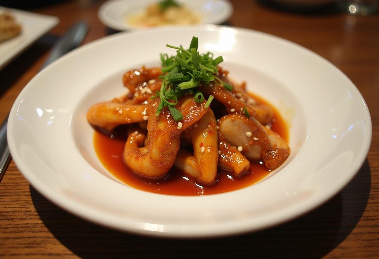 Final presentation of Squid Game Gganbu Gang-jeong Sweet Spicy Chicken, garnished with green onions and sesame seeds, served on a rustic wooden table.