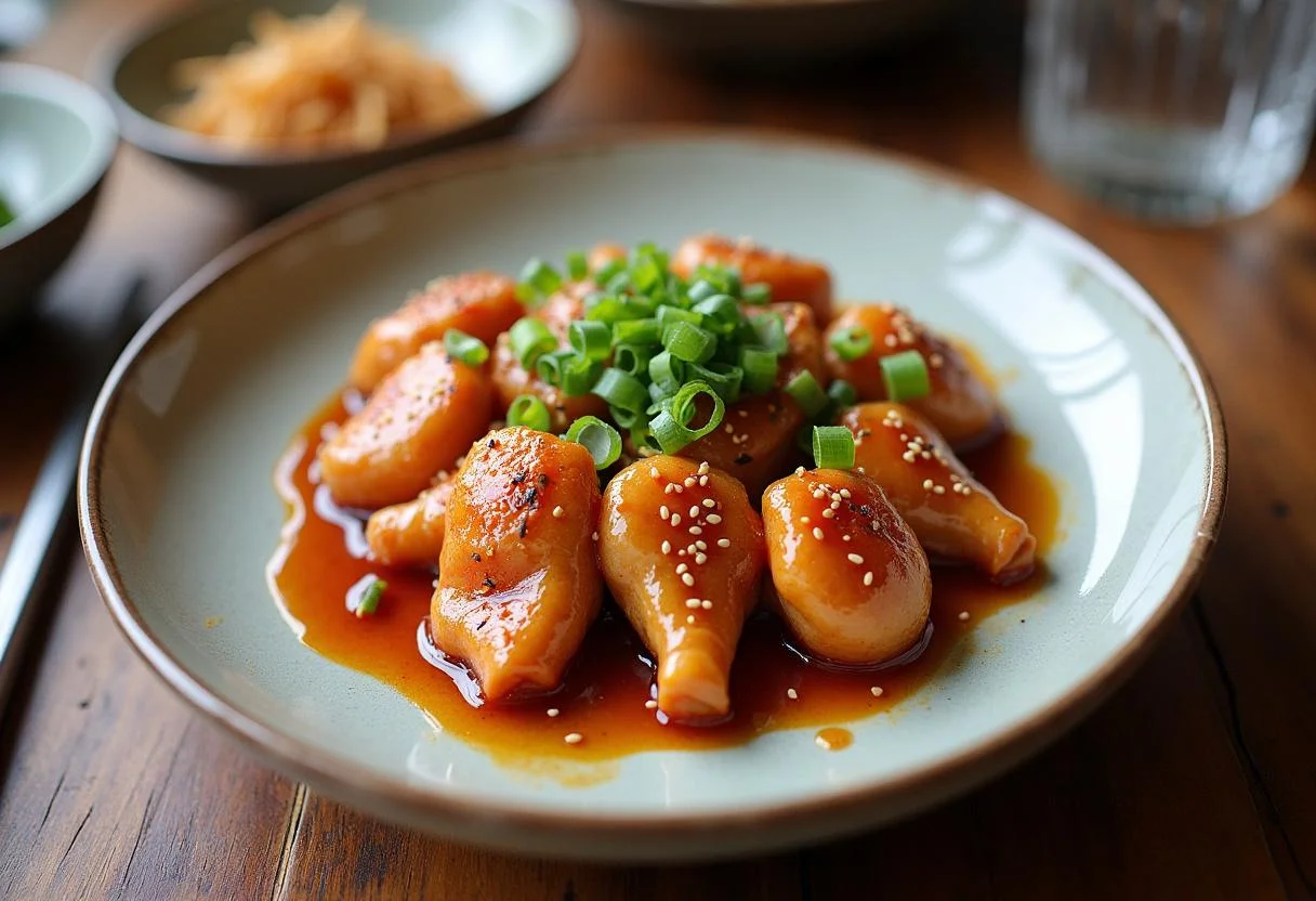 Final presentation of Squid Game Gganbu Gang-jeong Sweet Spicy Chicken, garnished with green onions and sesame seeds, served on a rustic wooden table.