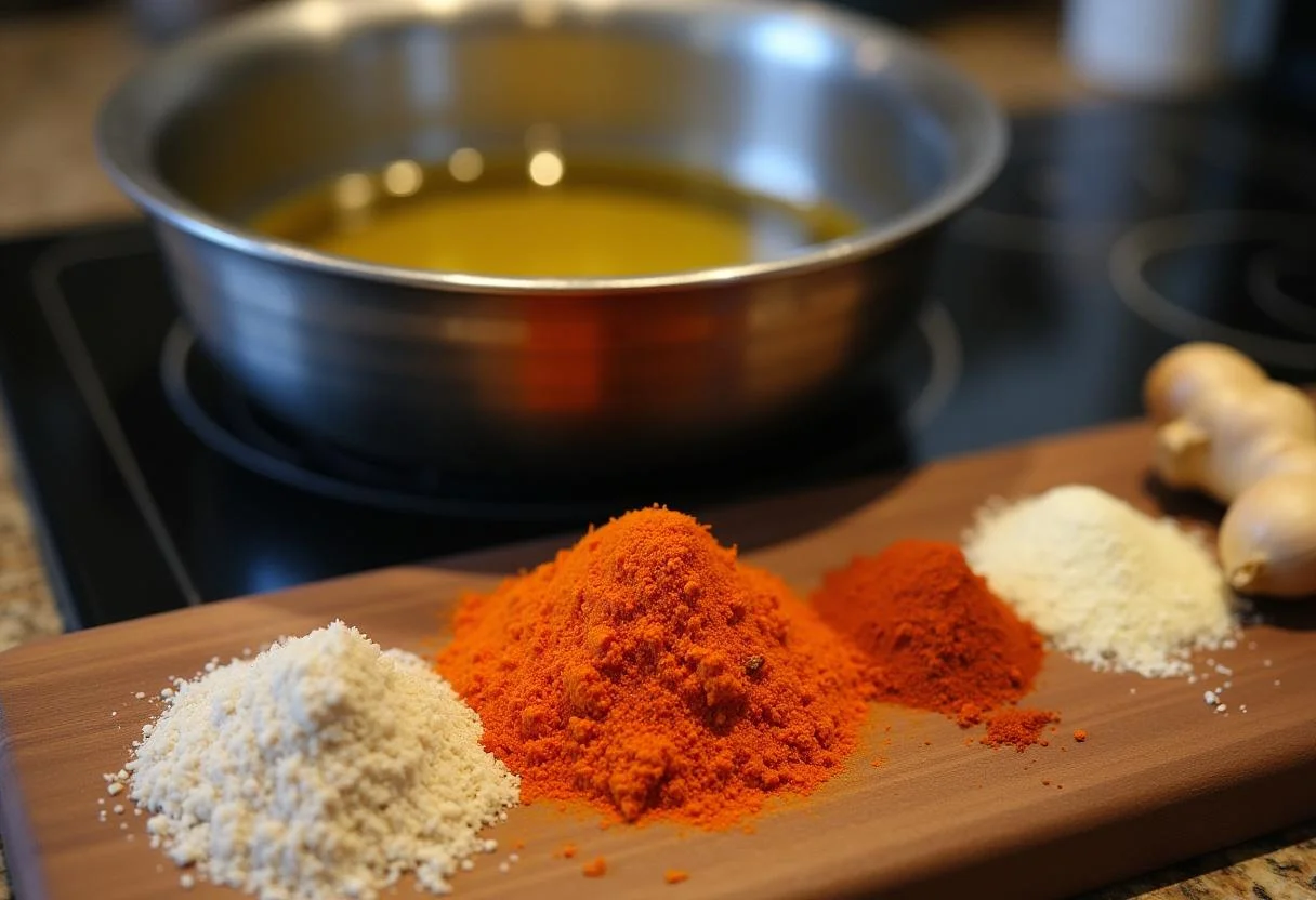 Preparing to cook Squid Game Gganbu Gang-jeong Sweet Spicy Chicken with spices like gochugaru, garlic, and ginger placed on the countertop.