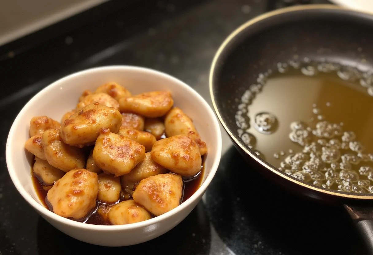 Marinating chicken pieces for Squid Game Gganbu Gang-jeong Sweet Spicy Chicken in soy sauce and cornstarch, ready for frying in bubbling oil.