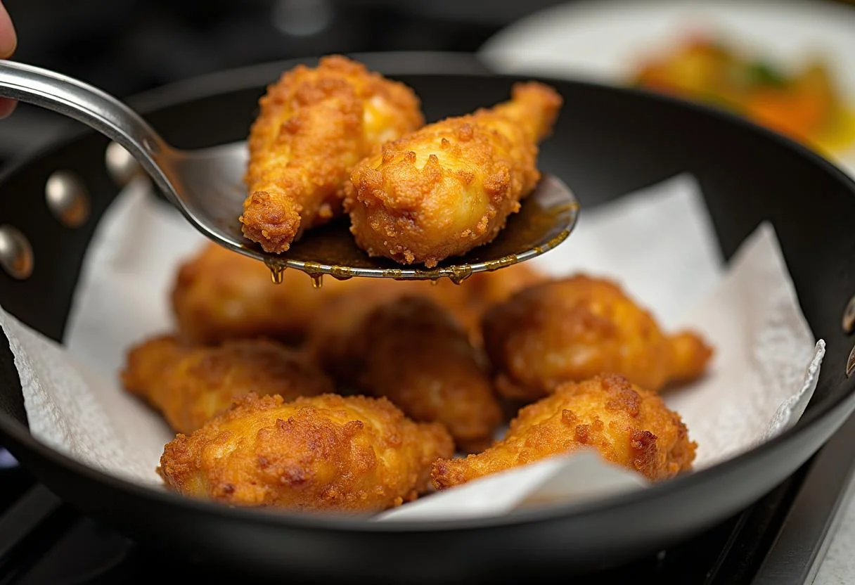 Crispy fried chicken pieces for Squid Game Gganbu Gang-jeong Sweet Spicy Chicken resting on paper towels to absorb excess oil after frying.