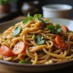 Delicious and colorful Squid Game Glass Bridge Noodle Stir-fry served in a bowl, highlighting its rich flavors.