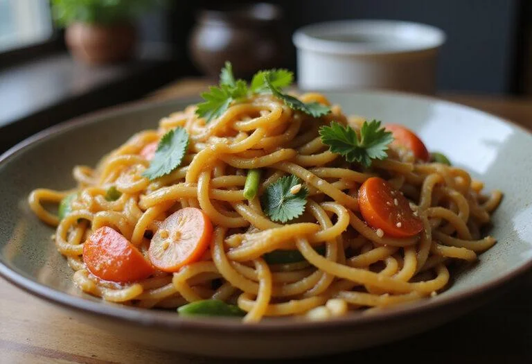 Delicious and colorful Squid Game Glass Bridge Noodle Stir-fry served in a bowl, highlighting its rich flavors.