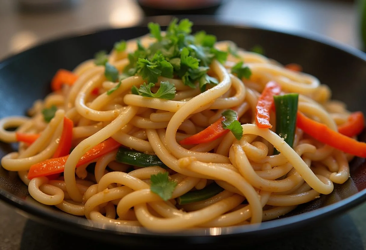 Delicious and colorful Squid Game Glass Bridge Noodle Stir-fry served in a bowl, highlighting its rich flavors.