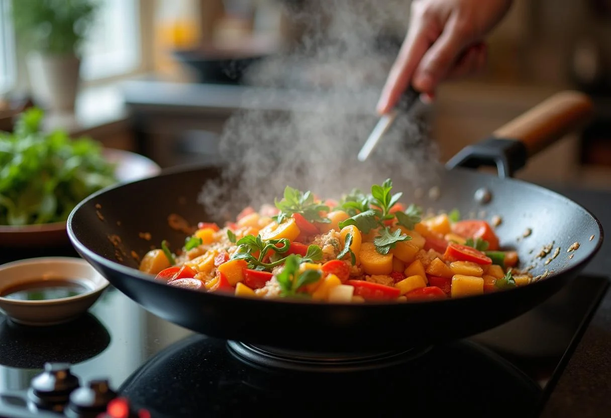 Stir-frying vibrant vegetables for the Squid Game Glass Bridge Noodle Stir-fry in a hot wok.