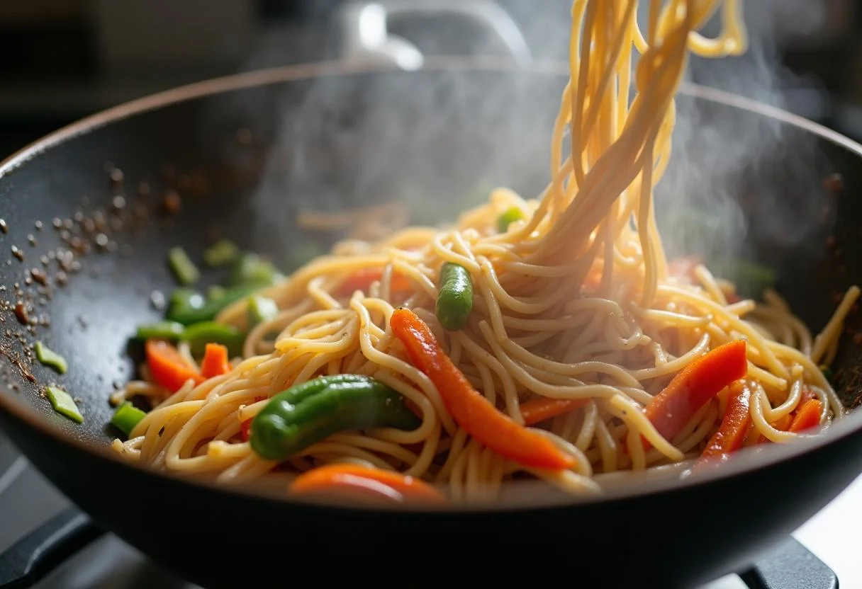 Mixing rice noodles and stir-fried vegetables for a delicious Squid Game Glass Bridge Noodle Stir-fry.