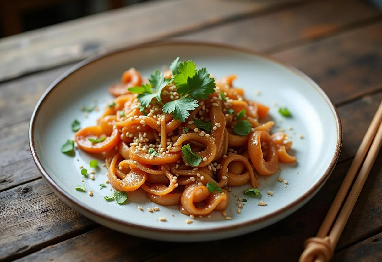 Perfectly plated Squid Game Glass Bridge Noodle Stir-fry ready to be enjoyed with garnish.
