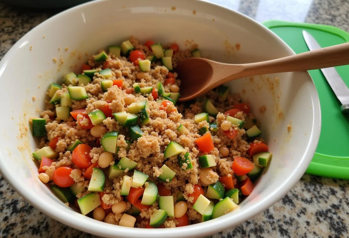 Preparation of ingredients for Squid Game Marbles Game Meatless Balls with chopped vegetables and breadcrumbs.