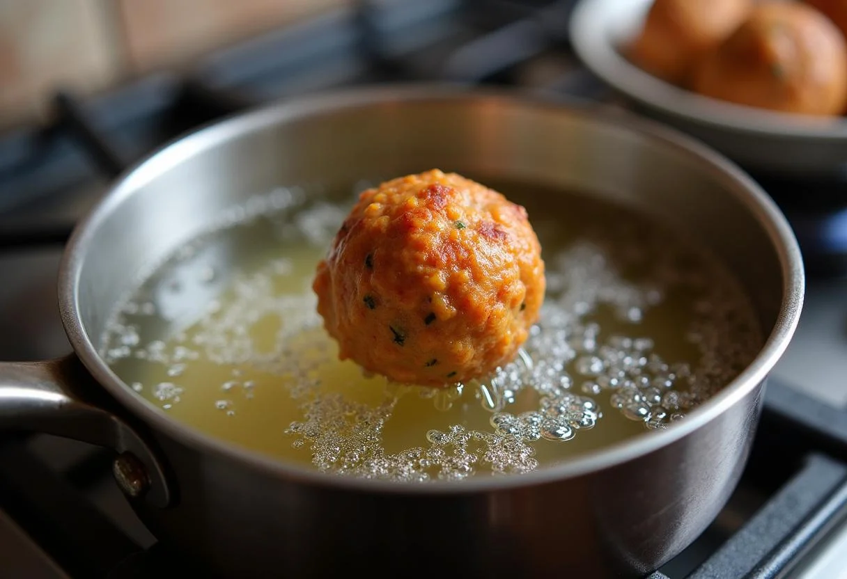 Frying meatless balls for the Squid Game Marbles Game in hot oil, illustrating the cooking process of crispy meatless balls.