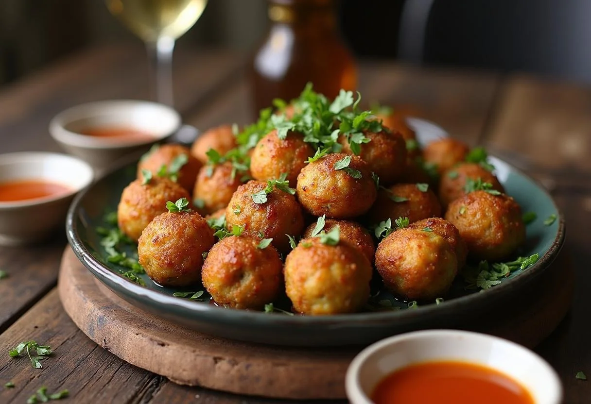Serving delicious Squid Game Marbles Game Meatless Balls with garnishes, highlighting the finished dish ready for enjoyment.