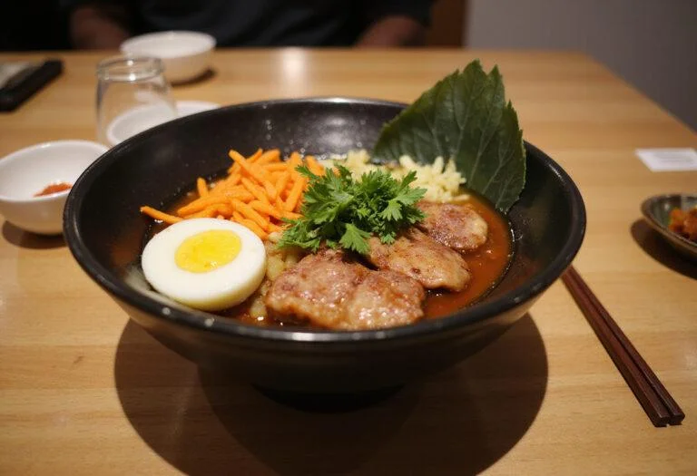 Final presentation of Squid Game Player 456's Lucky Lunch Bowl, ready to be eaten.