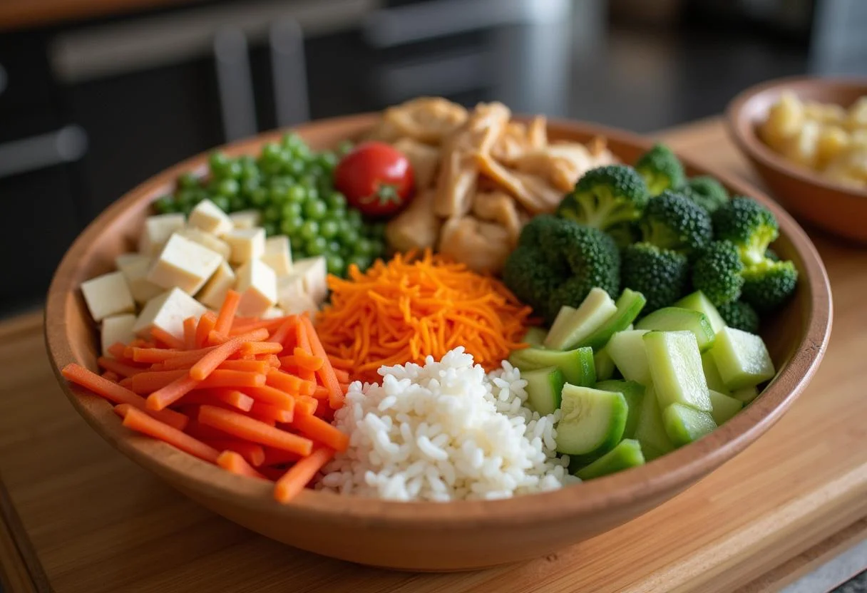 Ingredients for Squid Game Player 456's Lucky Lunch Bowl including rice, vegetables, and proteins.