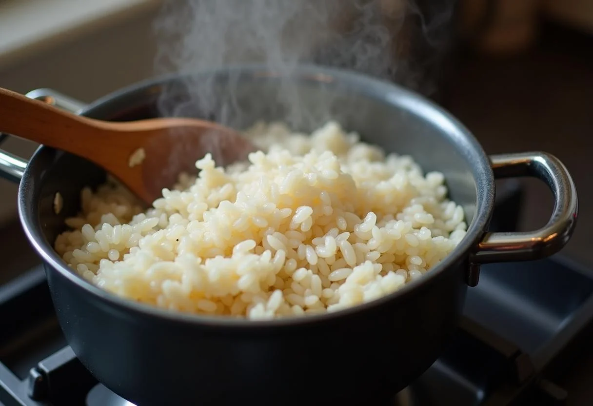 Cooking rice for Squid Game Player 456's Lucky Lunch Bowl on a stove with steam rising.