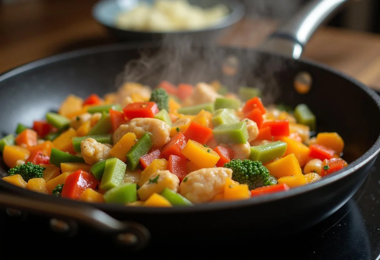 Sizzling vegetables and proteins in a pan for Squid Game Player 456's Lucky Lunch Bowl preparation.