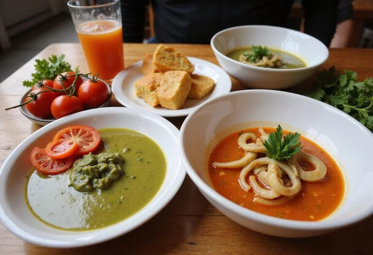A stunning table setting with Squid Game Red Light, Green Light Gazpacho and fresh ingredients, perfect for an inviting and refreshing dining experience.