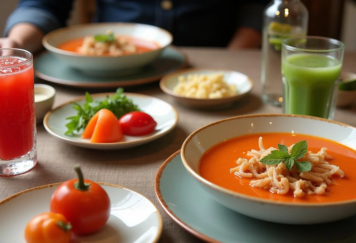 A stunning table setting with Squid Game Red Light, Green Light Gazpacho and fresh ingredients, perfect for an inviting and refreshing dining experience.