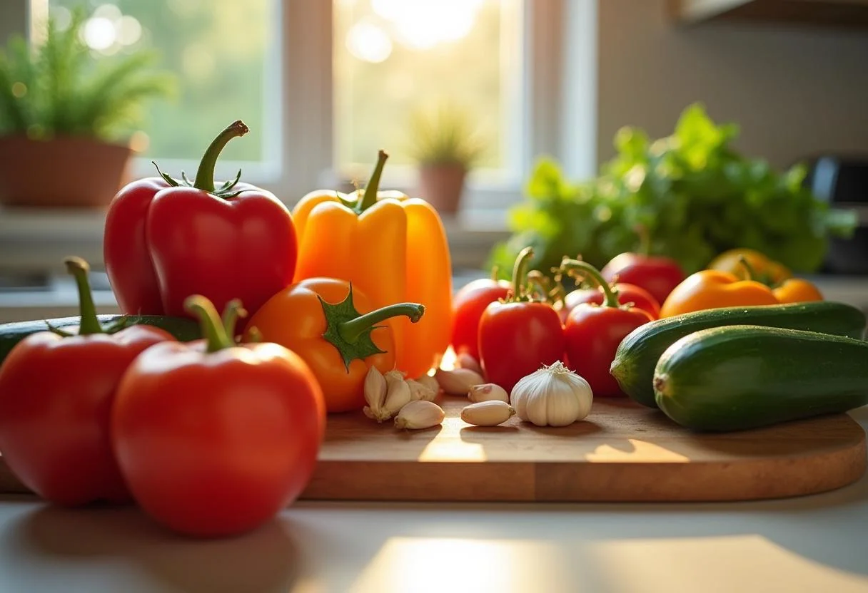 Fresh ingredients for Squid Game Red Light, Green Light Gazpacho on a kitchen counter, vibrant tomatoes, cucumbers, and peppers for a refreshing dish.