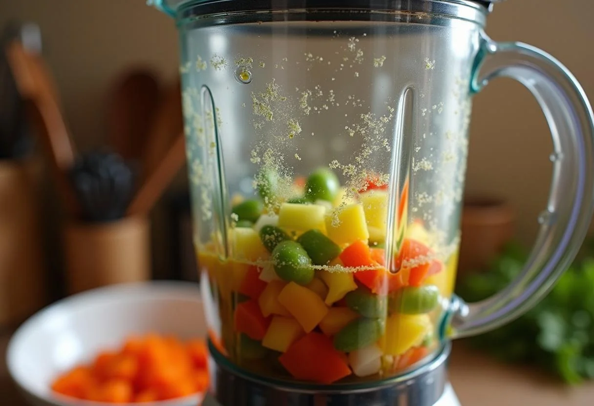 Blending fresh vegetables for Squid Game Red Light, Green Light Gazpacho in a modern kitchen, creating a smooth and delicious soup mixture.