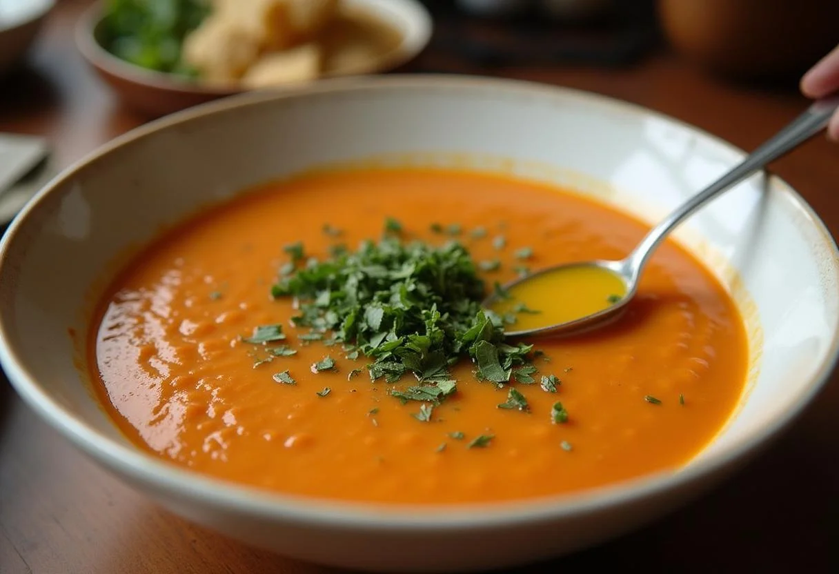 Filling a bowl with vibrant Squid Game Red Light, Green Light Gazpacho, beautifully garnished for a fresh and appetizing presentation.