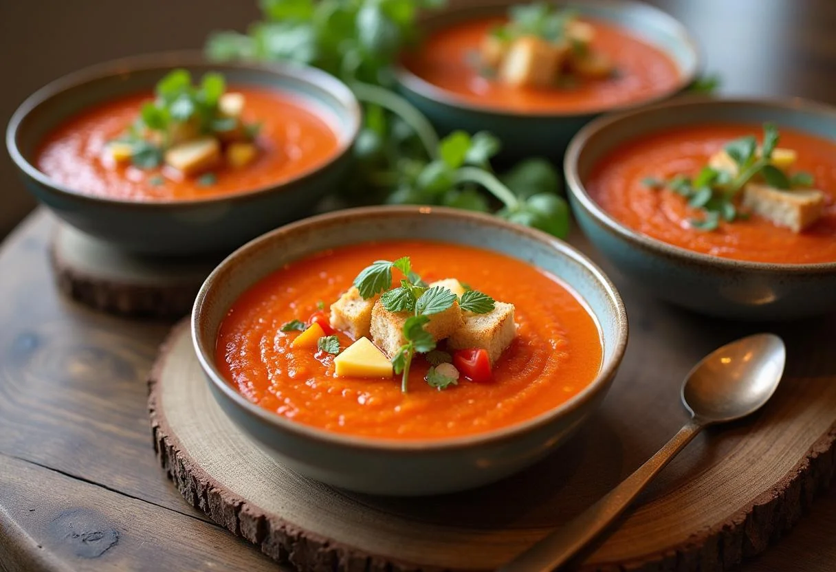 Individual bowls of Squid Game Red Light, Green Light Gazpacho garnished with vegetables and croutons, showcasing a beautiful and appealing presentation.