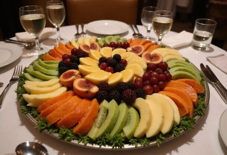 Overhead view of the Squid Game The Front Man's Formal Fruit Platter, showcasing the vibrant arrangement against an elegant backdrop.