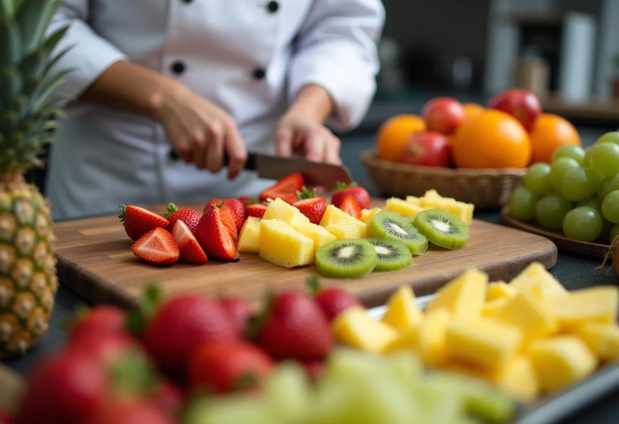 Preparing vibrant fruits for Squid Game The Front Man's Formal Fruit Platter, featuring fresh strawberries, kiwi, and pineapple.