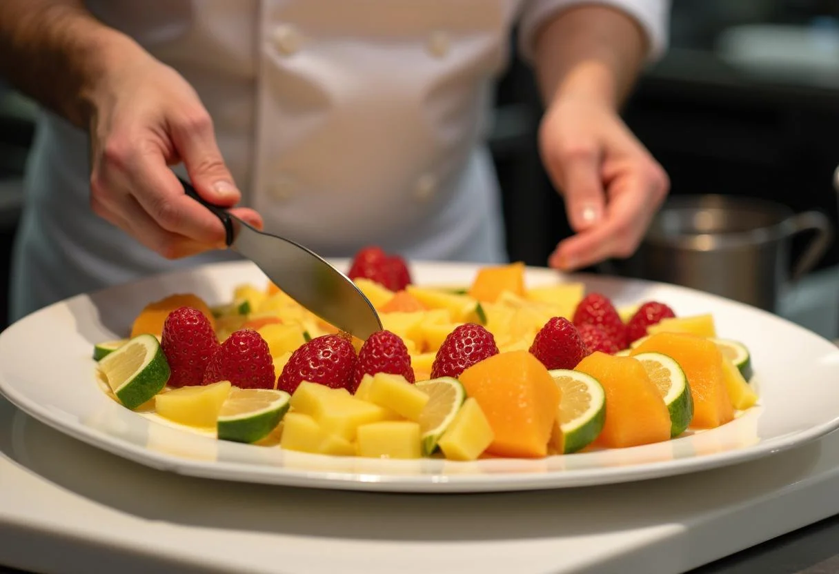 Artfully arranging sliced fruits on a platter for the Squid Game The Front Man's Formal Fruit Platter, showcasing vibrant colors and textures.