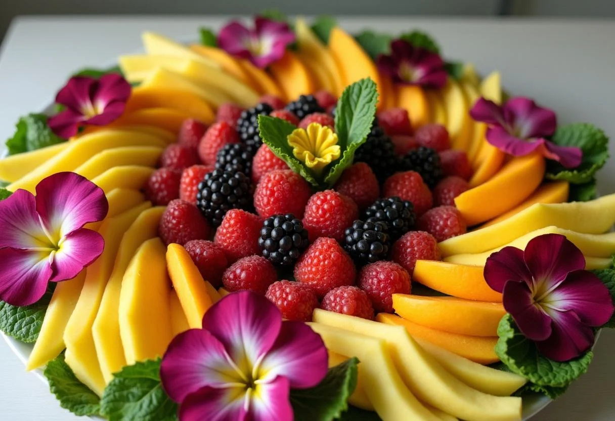 Enhancing the Squid Game The Front Man's Formal Fruit Platter with mint leaves and edible flowers for an elegant presentation.