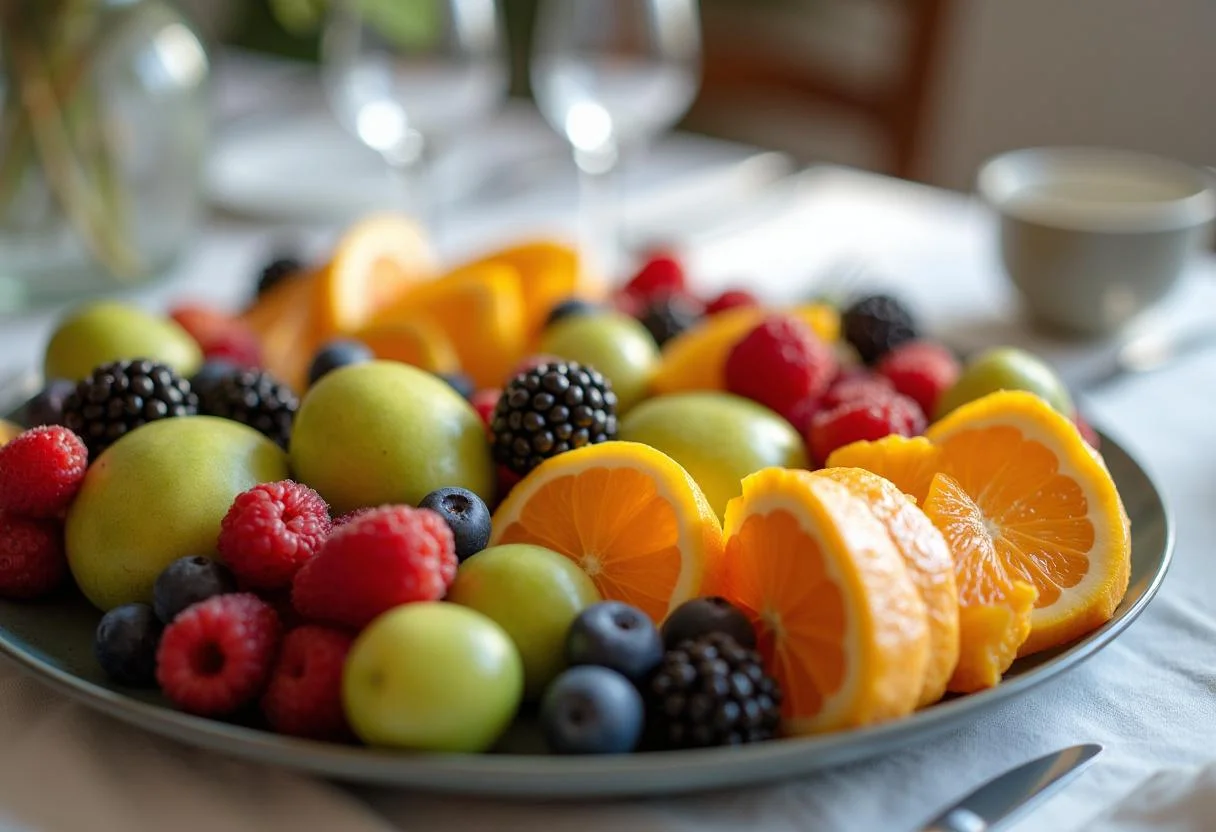Final presentation of the Squid Game The Front Man's Formal Fruit Platter on a beautifully set table, showcasing vivid and elegant fruit arrangements.