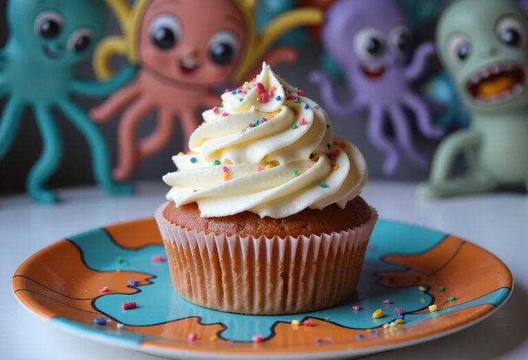 Gorgeous Squid Game The VIPs' Velvet Cupcake finished with cream cheese frosting, beautifully presented on a plate, ready to be enjoyed.