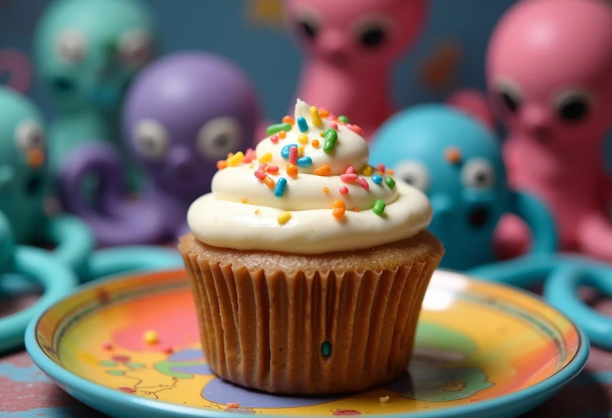 Gorgeous Squid Game The VIPs' Velvet Cupcake finished with cream cheese frosting, beautifully presented on a plate, ready to be enjoyed.