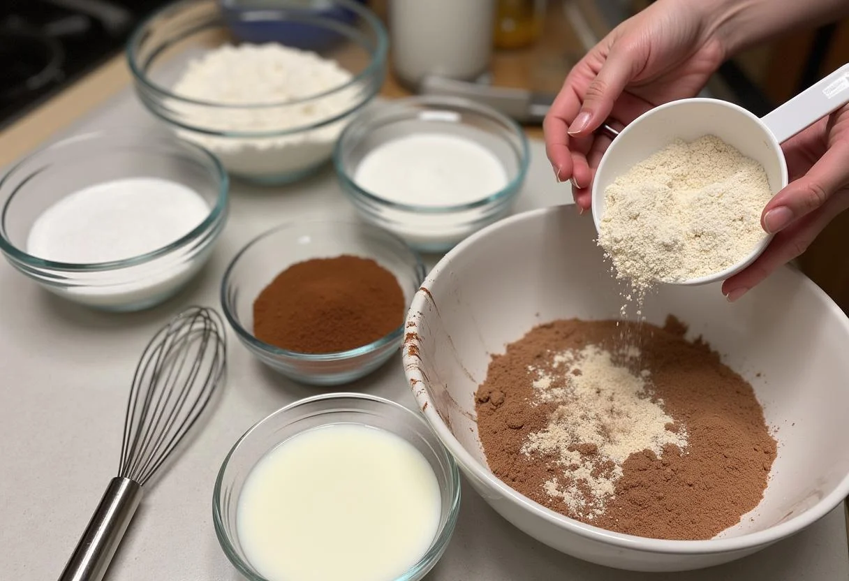 Preparing Squid Game The VIPs' Velvet Cupcakes with flour, sugar, and cocoa powder on the kitchen counter, showcasing the baking process.