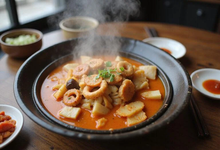 Final presentation of Squid Game Tug-of-War Tteokbokki in a traditional bowl, delicious Korean street food ready to enjoy.