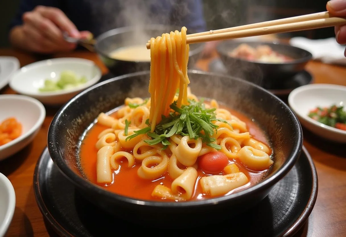 Final presentation of Squid Game Tug-of-War Tteokbokki in a traditional bowl, delicious Korean street food ready to enjoy.
