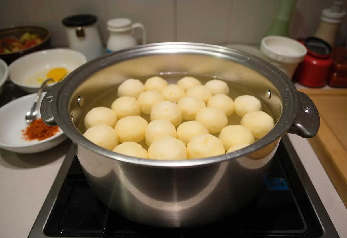 Softening tteok in water for making Squid Game Tug-of-War Tteokbokki, Korean rice cakes preparation in a kitchen.