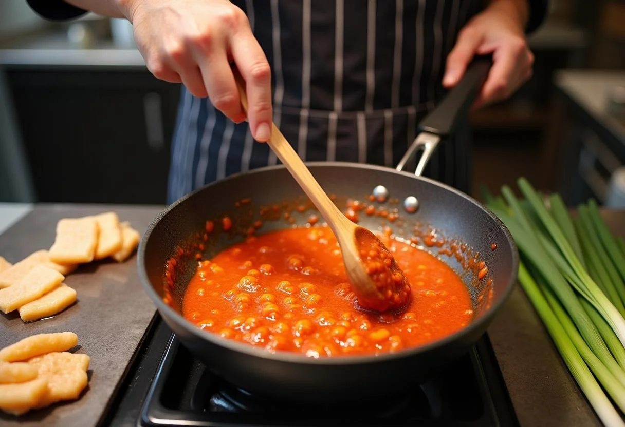 Cooking gochujang sauce for Squid Game Tug-of-War Tteokbokki, vibrant red paste in a pan with fresh ingredients in the background.