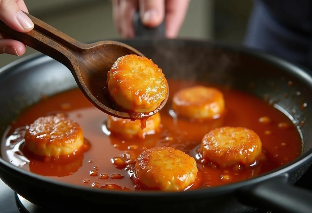 Combining rice cakes and fish cakes with gochujang sauce in preparation for Squid Game Tug-of-War Tteokbokki, delicious Korean street food.